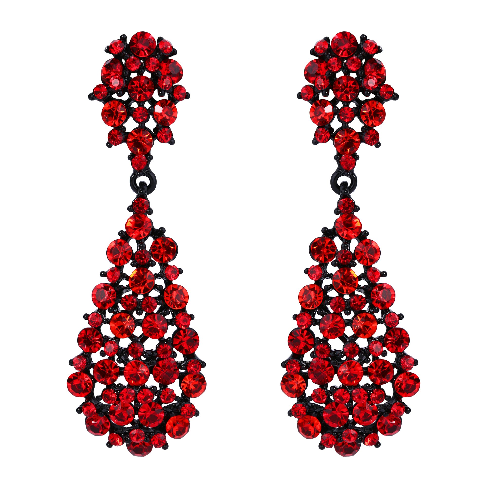 EVER FAITH Red Crystal Earrings for Women, Sparkly Crystal Art Deco Vintage Style Statement Drop Dangle Pierced Earrings Wedding Earring for Brides Bridal Black-Tone