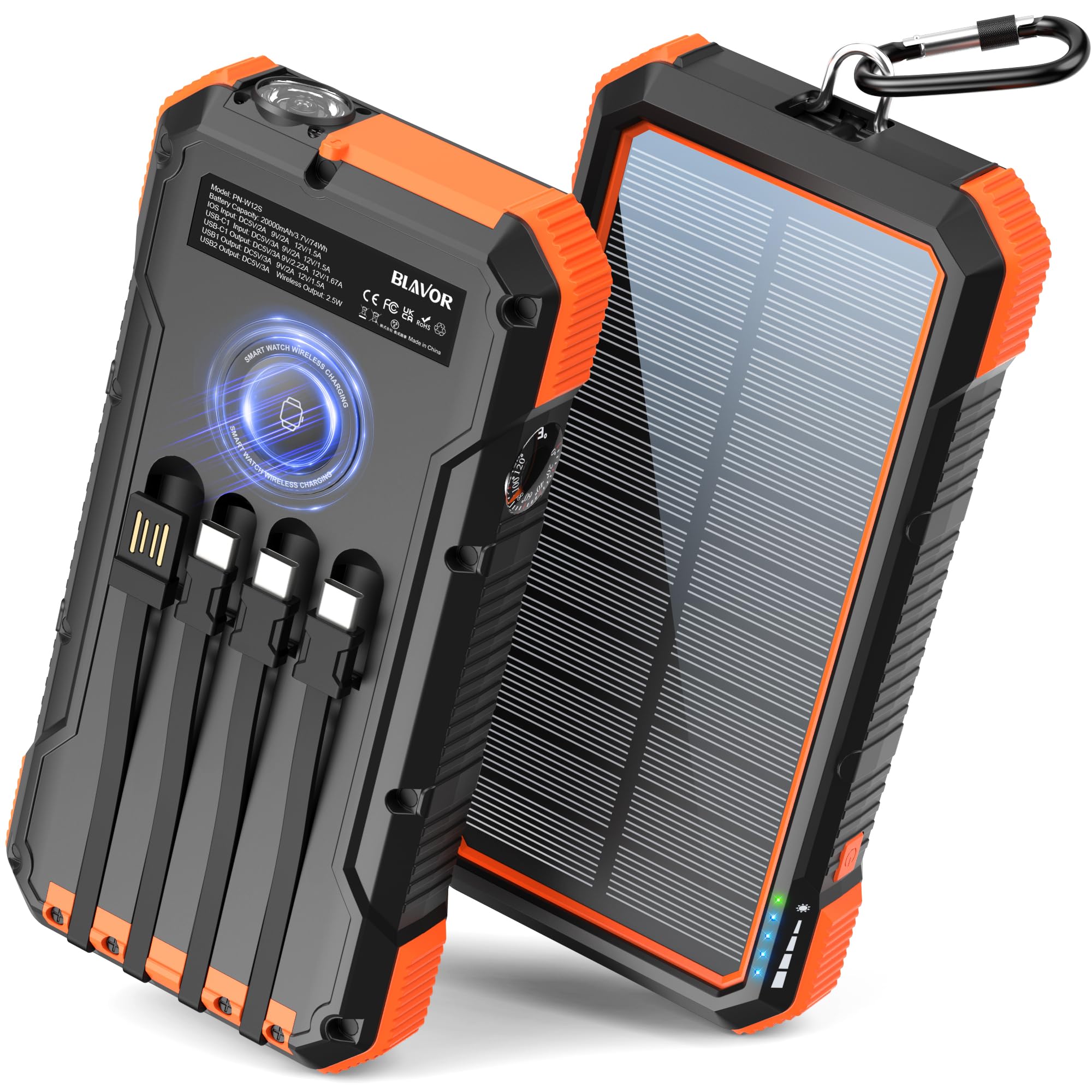 BLAVOR Solar Power Bank 74000mWh Built in 4 Cables, 20W Fast Charging Portable Charger with Wireless Charger for Apple Watch, Super Bright Flashlight, Compatible with All Phones and Electronic Devices