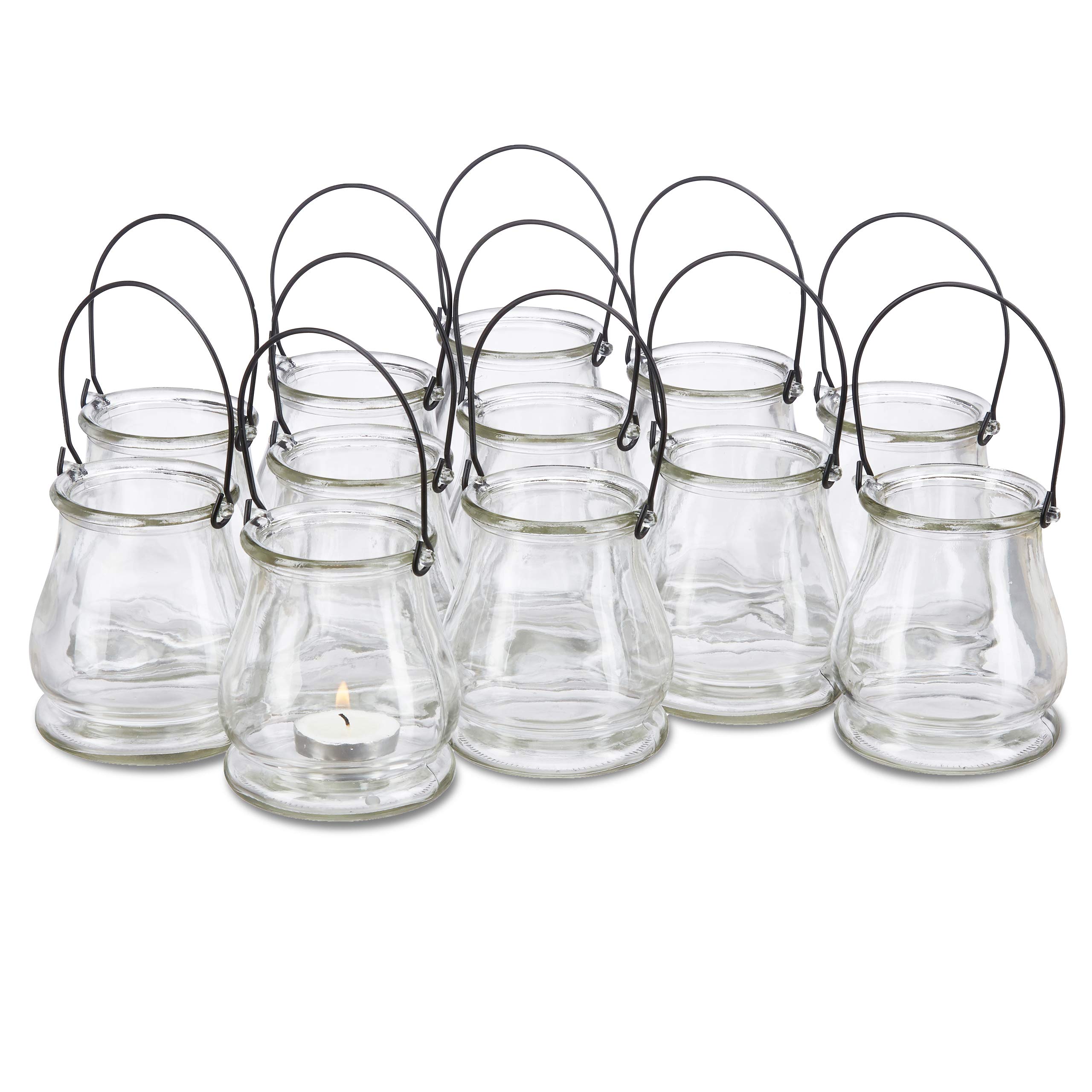 Relaxdays Tea Candle Holder, Set of 12, Lantern with Handle, Table Ornament for In- & Outdoors, 10 cm High, Transparent