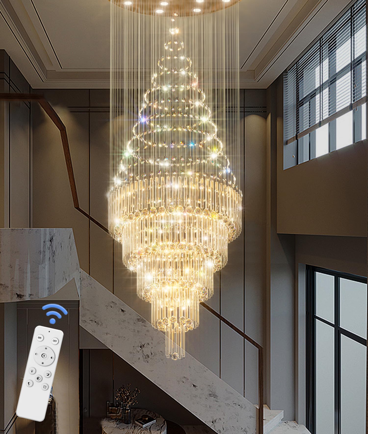 Flashing God 40''X90 Large Crystal Chandelier for High Ceiling Modern ...