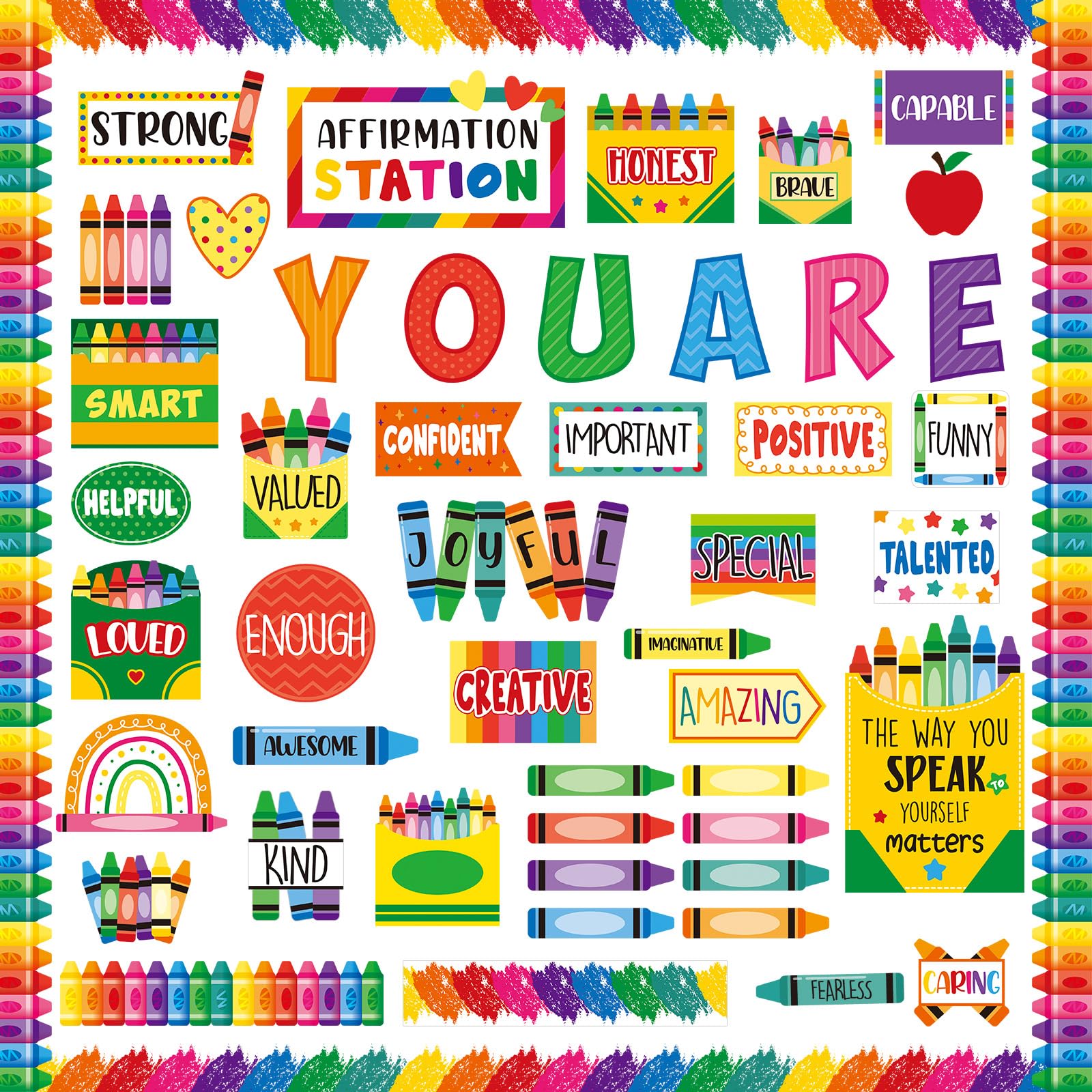 Photo 1 of Mooliwe 90 Pcs Crayon Affirmation Station Classroom Bulletin Board Set Motivational Bulletin Board Back to School Positive Affirmations Accent Cutout Mirror Growth Mindset Decor for School Office Home