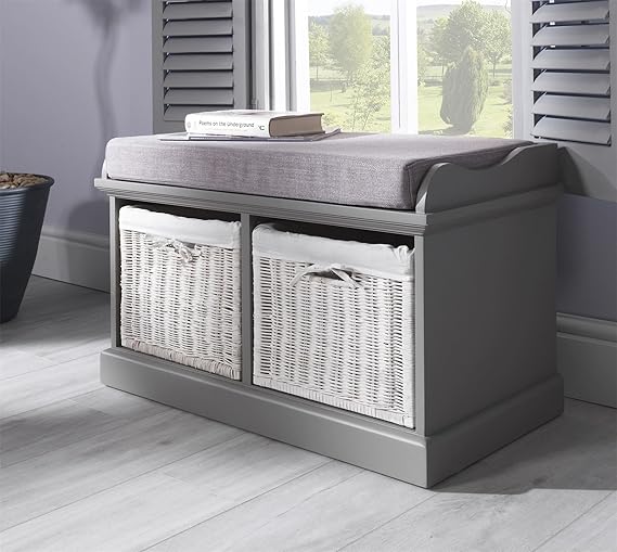 Tetbury Grey Bench with 2 White Baskets. Hallway storage bench with matching cushion seat. Very