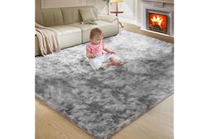 FAIRBLINK Ultra Soft Rug for Living Room, 5X8 Fluffy Shag Area Rug for Bedroom, Modern Shaggy Carpets Fuzzy Rug for Teens Dorm Nursery Home Decor Aesthetic, Upgrade Anti-Skid Durable, Tie-Dyed Light Grey