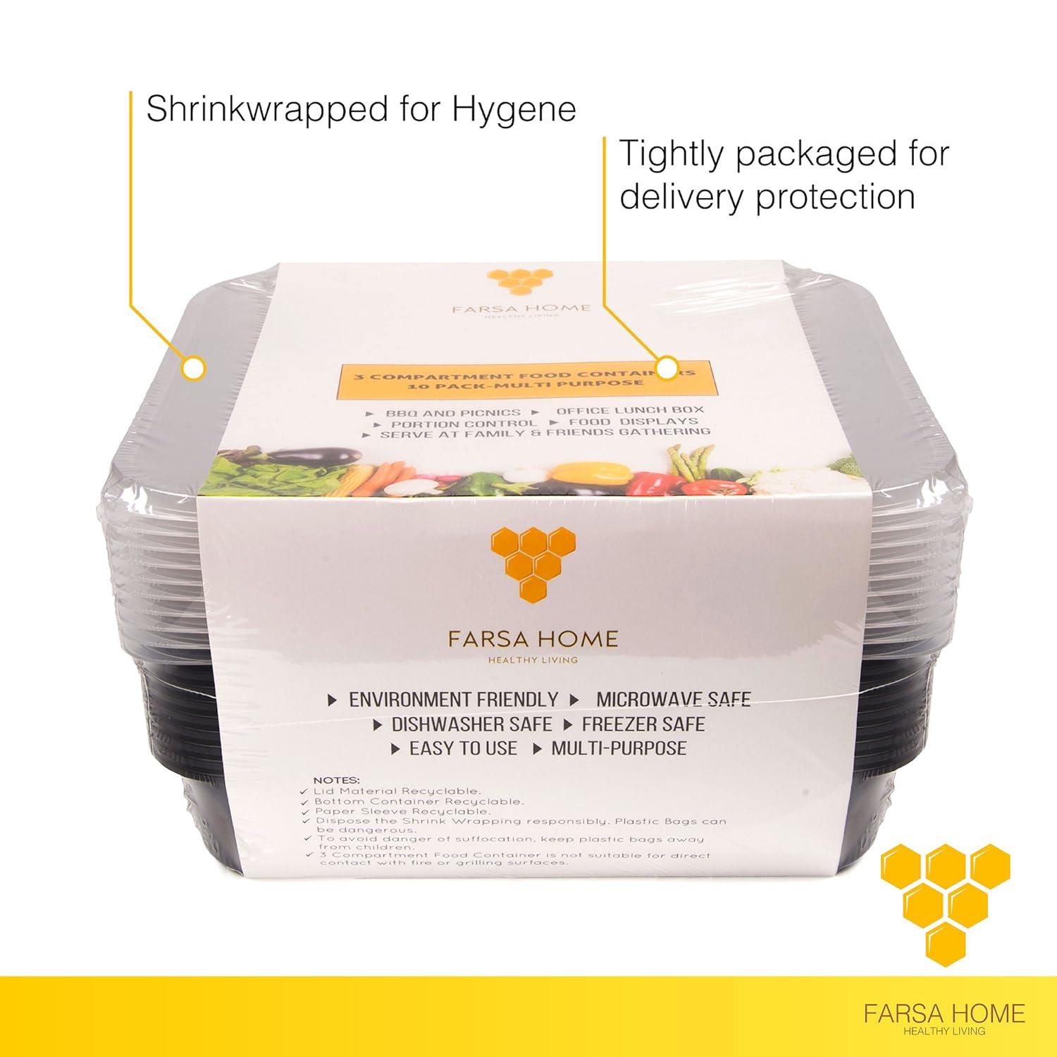 3 compartimento sin BPA comida Prep recipientes tamaño estándar