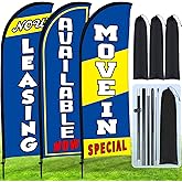 Buryeah 3 Set Feather Flag Kit Now Leasing Move in Special Available Flag with Pole Ground Stake and Bag 7 ft Leasing Sign for Advertising Renting Welcome Banner for Outside Ground (Blue)