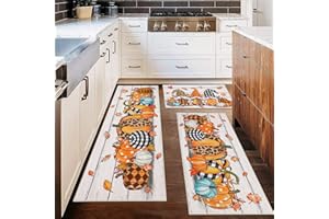 Ileading Fall Kitchen Rugs Set of 3 Piece Fall Kitchen Mats for Floor with Non Slip Backing,Washable Fall Runner Rug for Sink Laundry Hallway Indoor Holiday Thanksgiving Decoration(Leopard Pumpkins)