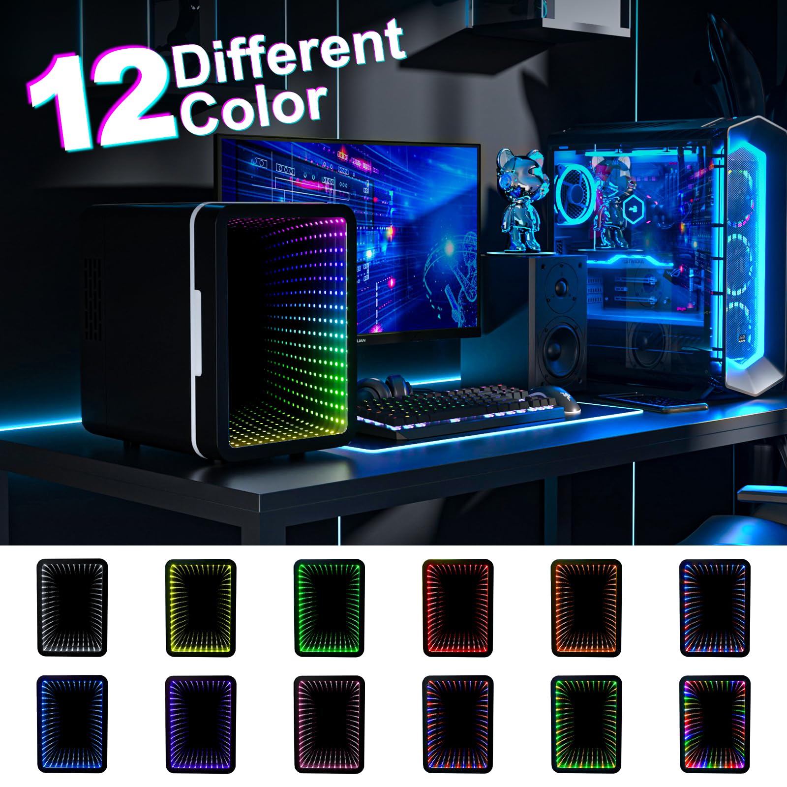 Mini Fridge, 6 Cans Small Refrigerator With LED Light, AC/DC Thermoelectric Cooler and Warmer, Ideal for Bedroom, Office, Gaming Room and Car, 12 Colors Light Effects, Mirror Screen Door