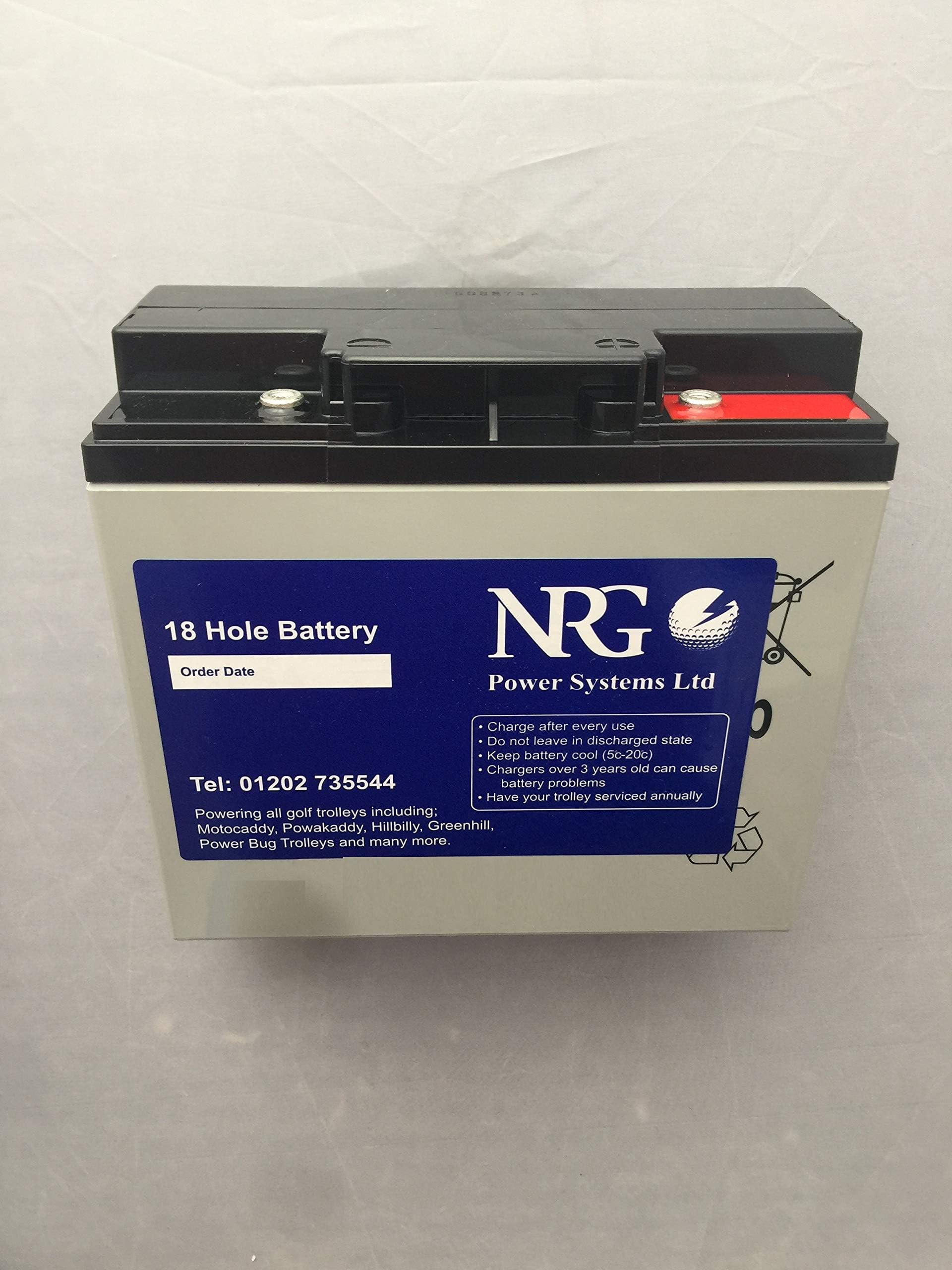 NRG '18 HOLE' GOLF TROLLY BATTERY. COMPATABLE WITH: HILLBILLY, MOTOCADDY, POWAKADDY. 12V-22AH, WITH 12 MONTHS WARRANTY