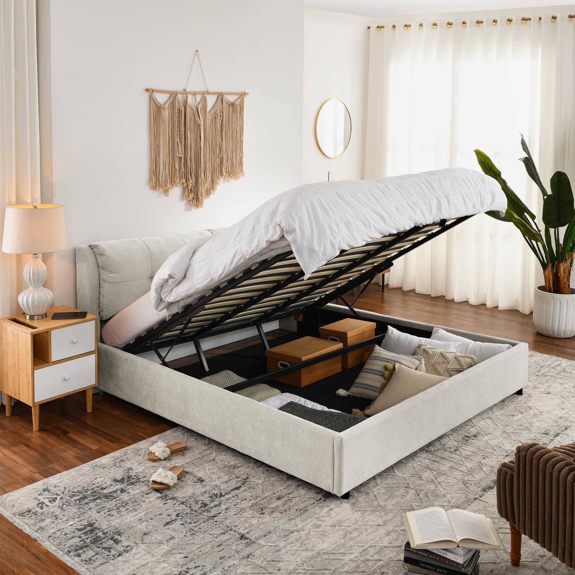 Photo 1 of **********INCOMPLETE ITEM, THIS IS ONLY 1 BOX IN A MULTI BOX SET*******************
KEIKI King Size Lift Up Storage Platform Bed Frame with Integrated Headboard, Upholstery Chenille Hydraulic Storage Bed with Slats, Easy Assembly, No Box Spring Required, 