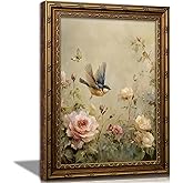 Vintage Gold Framed Bird Wall Art Spring Cottagecore Painting Canvas Sparrow And Butterfly In The Rose Bush Picture Wall Decor Whimsical Floral Aesthetic Print Artwork For Living Room Bedroom