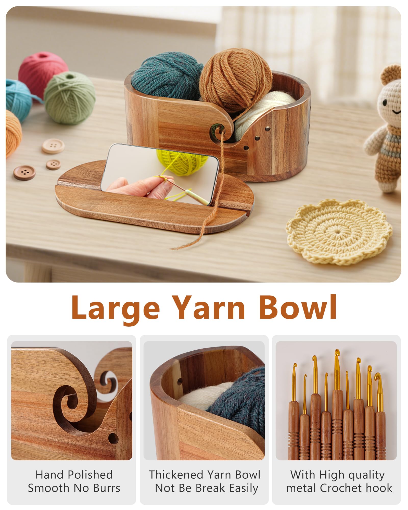 Oval Yarn Bowl, Crochet Yarn Holder with 9pcs Knitting Hooks, Yarn Storage Crochet Bowl Knitting Gift for Crocheters, Large Yarn Bowl Acacia Wooden 11.3x5.9x4.7inch (Acacia Yarn Bowl with Lid)