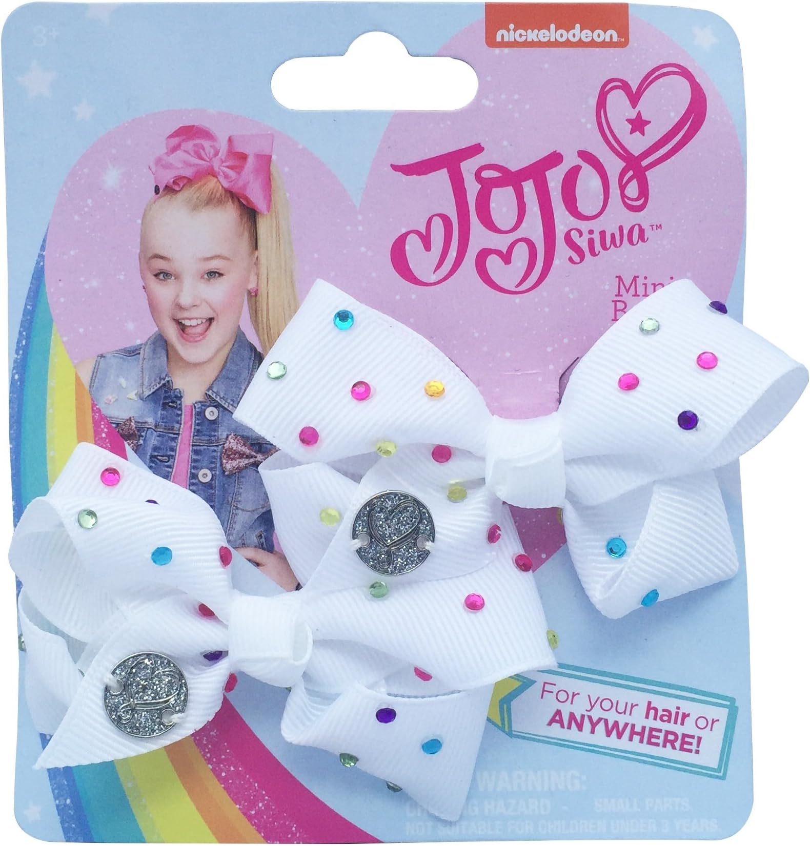 JoJo Siwa Pack of Two 8 cm Mini Signature Bows - White with Multi Coloured Rhinestones JoJo Bows - Jo Jo Mini Bows
