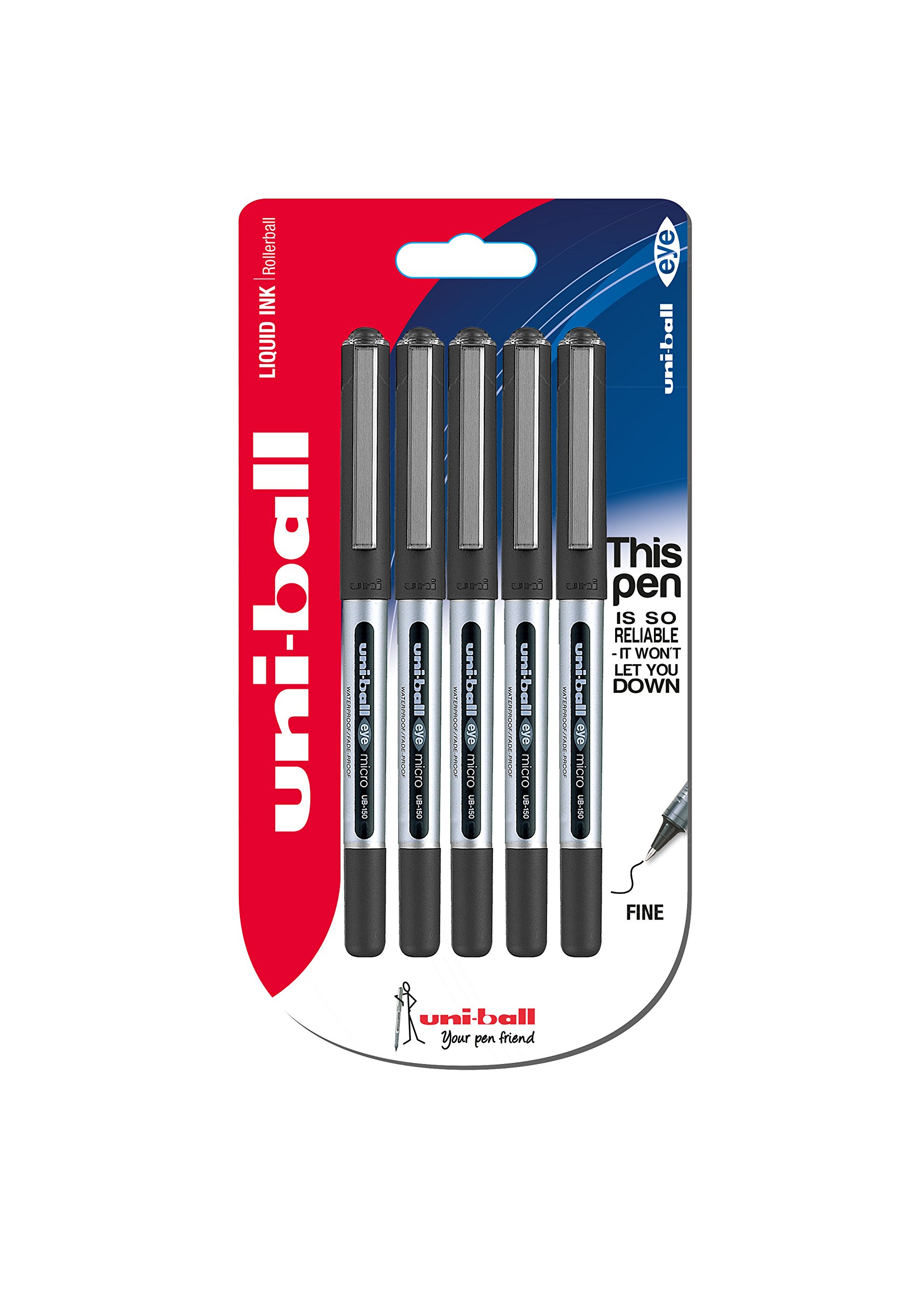 UB-150 Eye Micro Rollerball Pens, Black Uni Super Ink, .5mm Nib, Package of 5