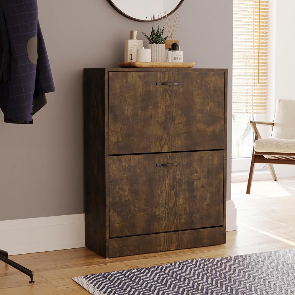 Vida Designs Dark Wood Shoe Cabinet 2 Drawer Storage Slim Hallway Organizer