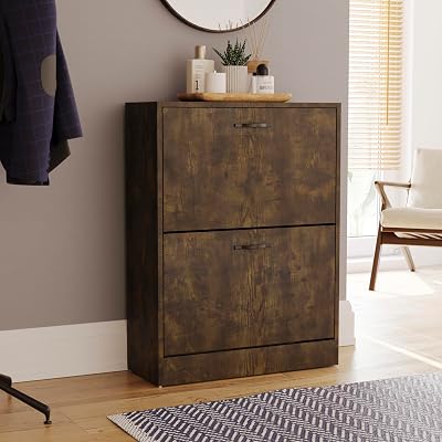 Vida Designs Dark Wood Shoe Cabinet 2 Drawer Storage Slim Hallway Organizer