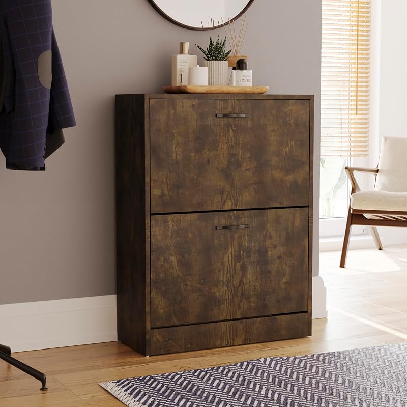 Vida Designs Dark Wood Shoe Cabinet 2 Drawer Storage Slim Hallway Organizer