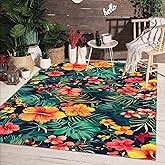 Tropical Orange Pink Green Florals Leaves Print Pattern Outdoor 5x7 Rug for Deck Porch Patio Balcony Waterproof Washable Outs