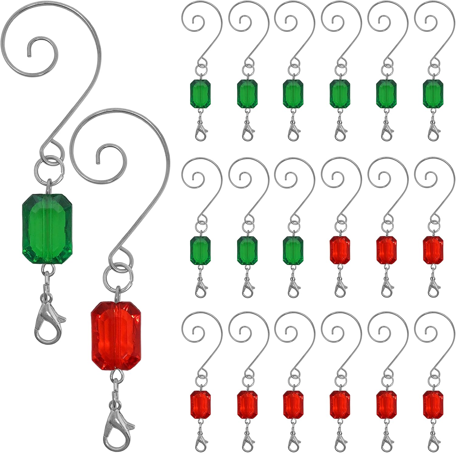 Ornament Hooks - BANBERRY DESIGNS Christmas Ornament Hooks - Set of 20 Red and Green Acrylic Jewels - Silver Wire Ornament Hangers - Decorative Scroll S-Hook with Lobster Claws - Holiday Seasonal Decorations