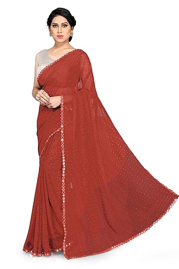 New Georgette Bandhani Prints Mirror Lace Border Saree with Blouse Fabric (11638 - Rust - 6.3 meters)