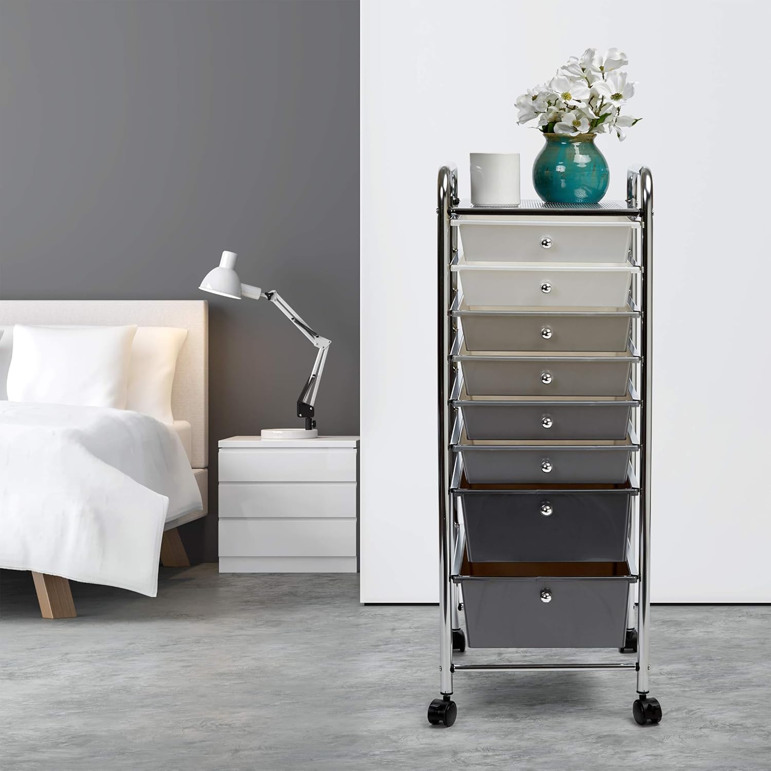 Seville Classics 8-Drawer Multipurpose Mobile Rolling Utility Storage Bin Organizer Cart, White/Gray/Black Gradient: Furniture & Decor