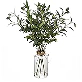 Avoik Artificial Plants Olive Branch in Glass Vase, 14.5” Fake Plant Greenery Stems with Olive Branches Faux Eucalyptus Stems for Home Office Farmhouse Wedding Table Centerpiece Décor