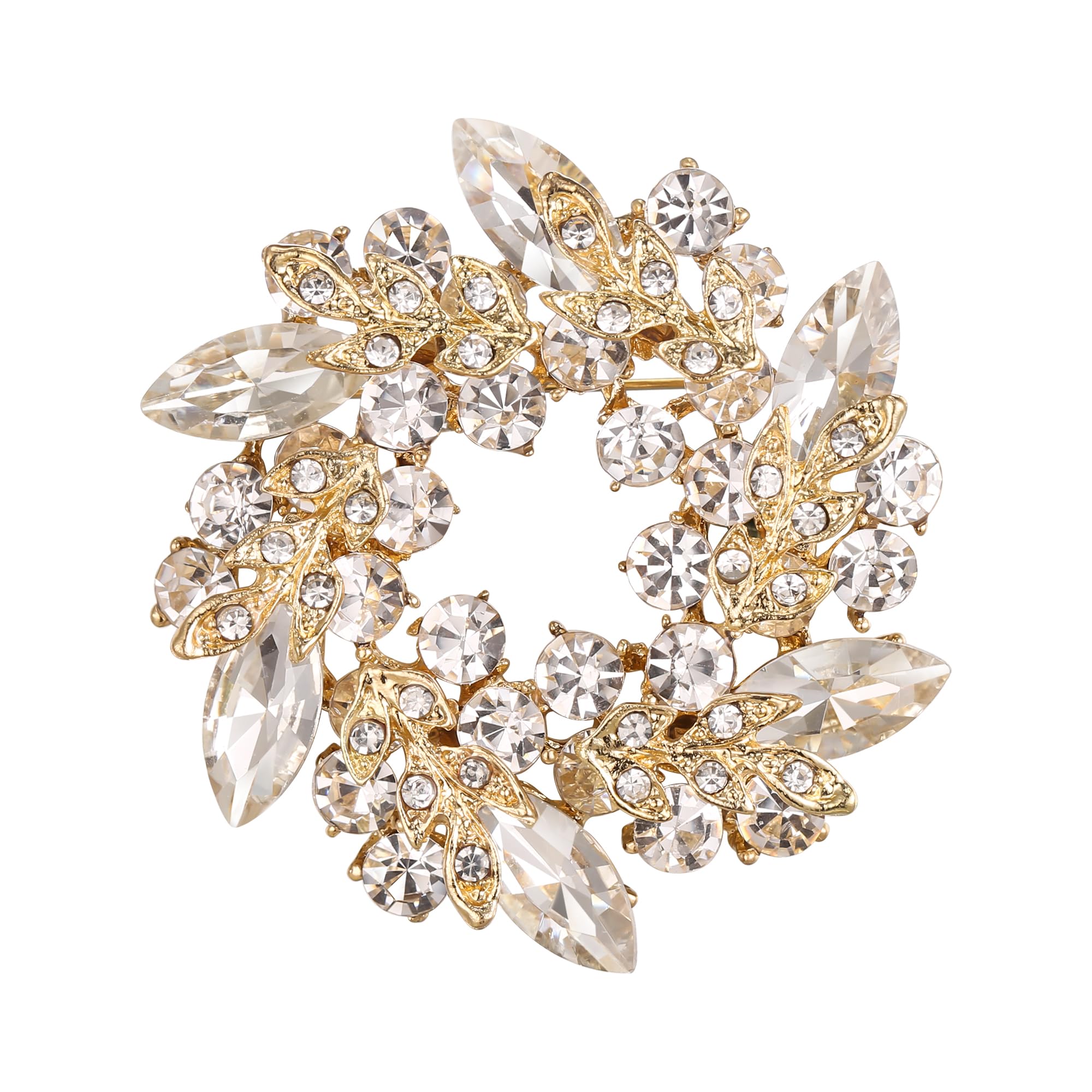 EVER FAITH Austrian Crystal Wedding Bridal Leaf Flower Wreath Brooch Pin Clear Gold-Tone