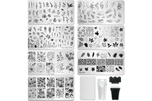 AddFavor Nail Stamper Kit 7pcs Nail Stamping Plates Flower Leaf Maple Nail Stencils with 2 Stamp and 2 Scraper for Home Salon Manicure Design Supplies Tools