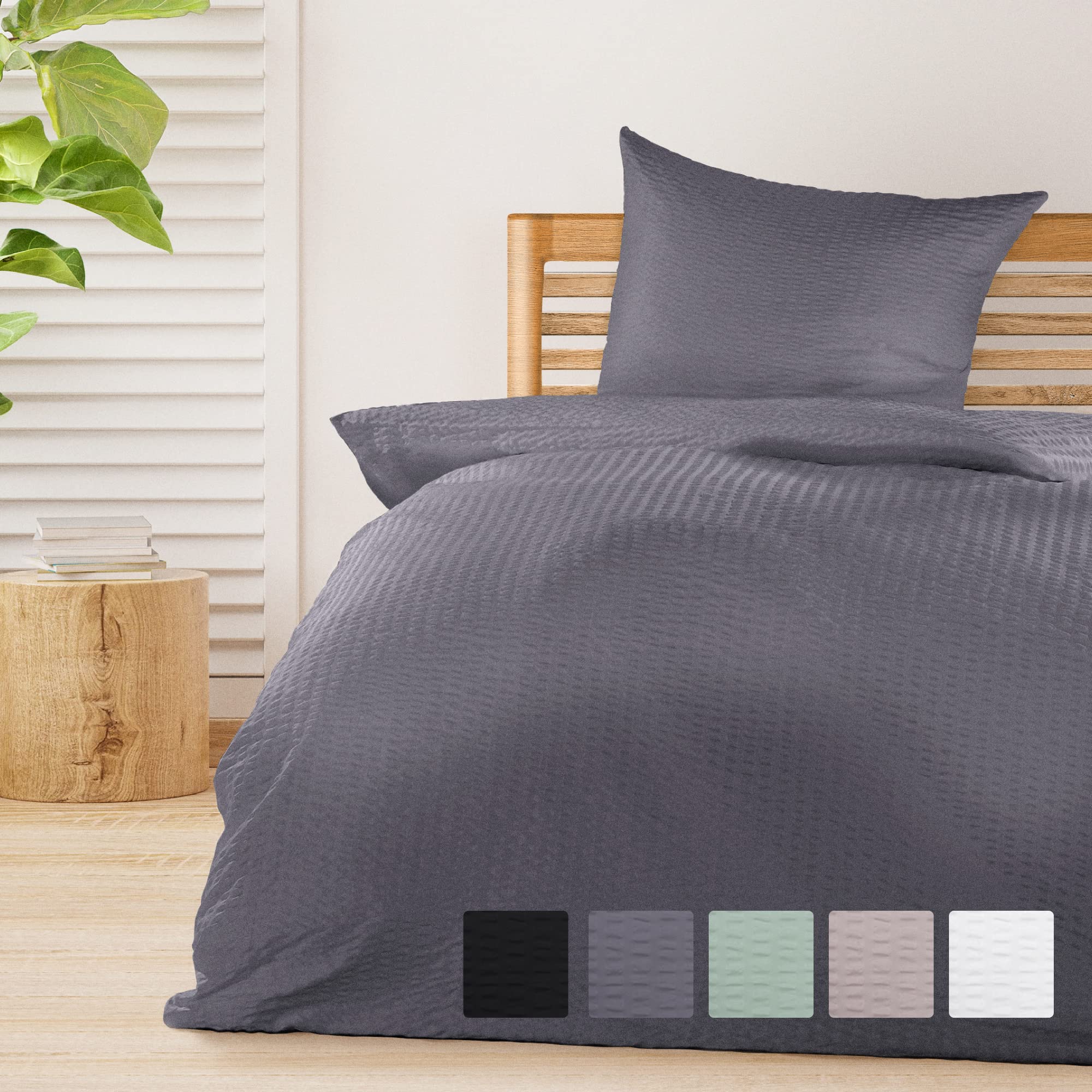 Beautissu 2pcs Seersucker Bedding Set 155x220 cm Meline – Non-Iron Duvet Cover Set with Zipper Cooling Summer Bedding – Breathable & Skin-Friendly Pillow Case & Duvet Cover Anthracite