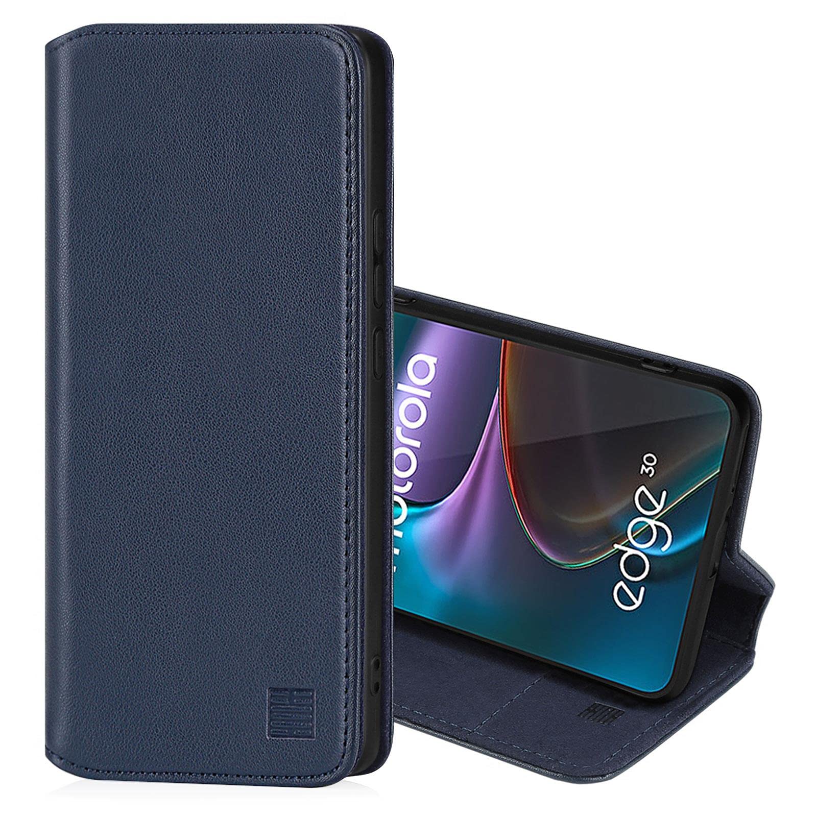 32nd Classic Series 2.0 - Real Leather Book Wallet Flip Case Cover For Motorola Moto Edge 30, Real Leather Design With Card Slot, Magnetic Closure and Built In Stand - Navy Blue
