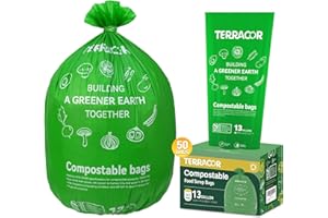 TERRACOR 13 Gallon Compostable Trash Bags Handle Tie,50 Count, Heavy Duty Tall Kitchen Food Scrap Waste Bag,Certified BPI and ASTM D6400 Standard