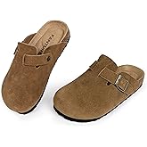 FANTURE Kids Genuine Suede Clogs with Cork Footbed - Adjustable Buckle Leather Sandals for Boys Girls Slip On Mules for Indoor & Outdoor