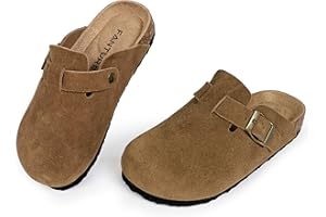 FANTURE Kids Genuine Suede Clogs with Cork Footbed - Adjustable Buckle Leather Sandals for Boys Girls Slip On Mules for Indoor & Outdoor