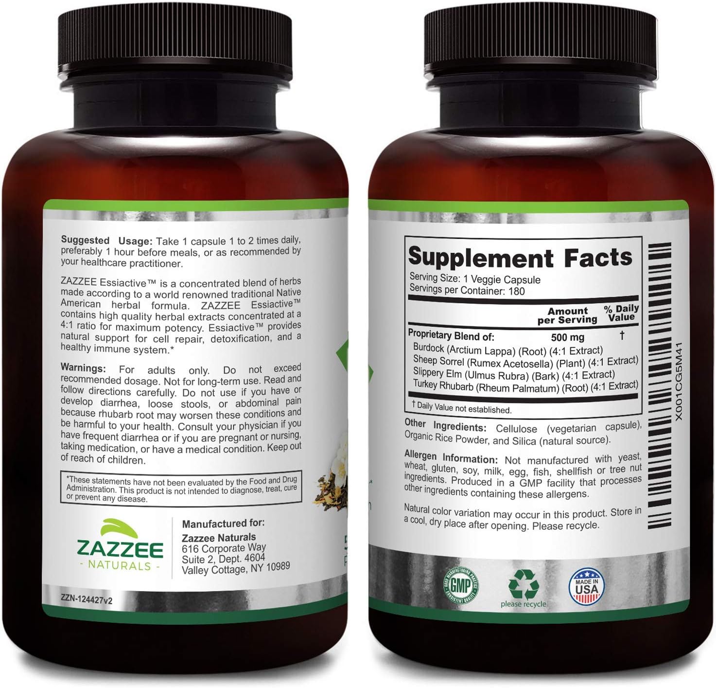 Zazzee Essiac Tea, 180 Veggie Capsules, 500 mg per Capsule, Potent 4:1 Extract, Vegan, Non-GMO and All-Natural, Rene Caisse's Original Formula‎: Health & Personal Care