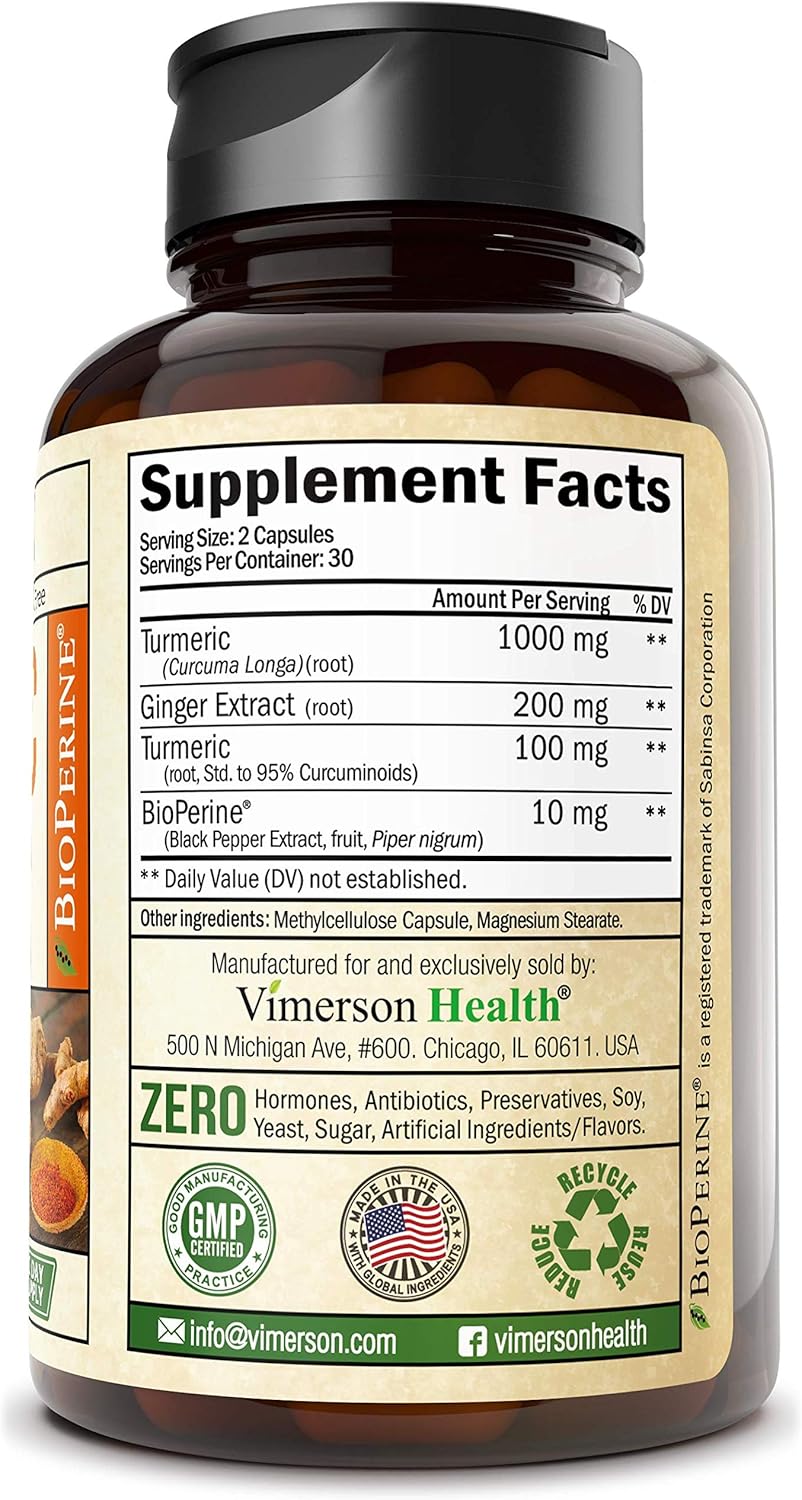 Turmeric Curcumin with Ginger, 95% Curcuminoids with BioPerine. Tumeric Supplements, Occasional Joint Pain Relief, Inflammatory Response, Plant-Based Antioxidant. Vimerson Health 60 Capsules: Health & Personal Care