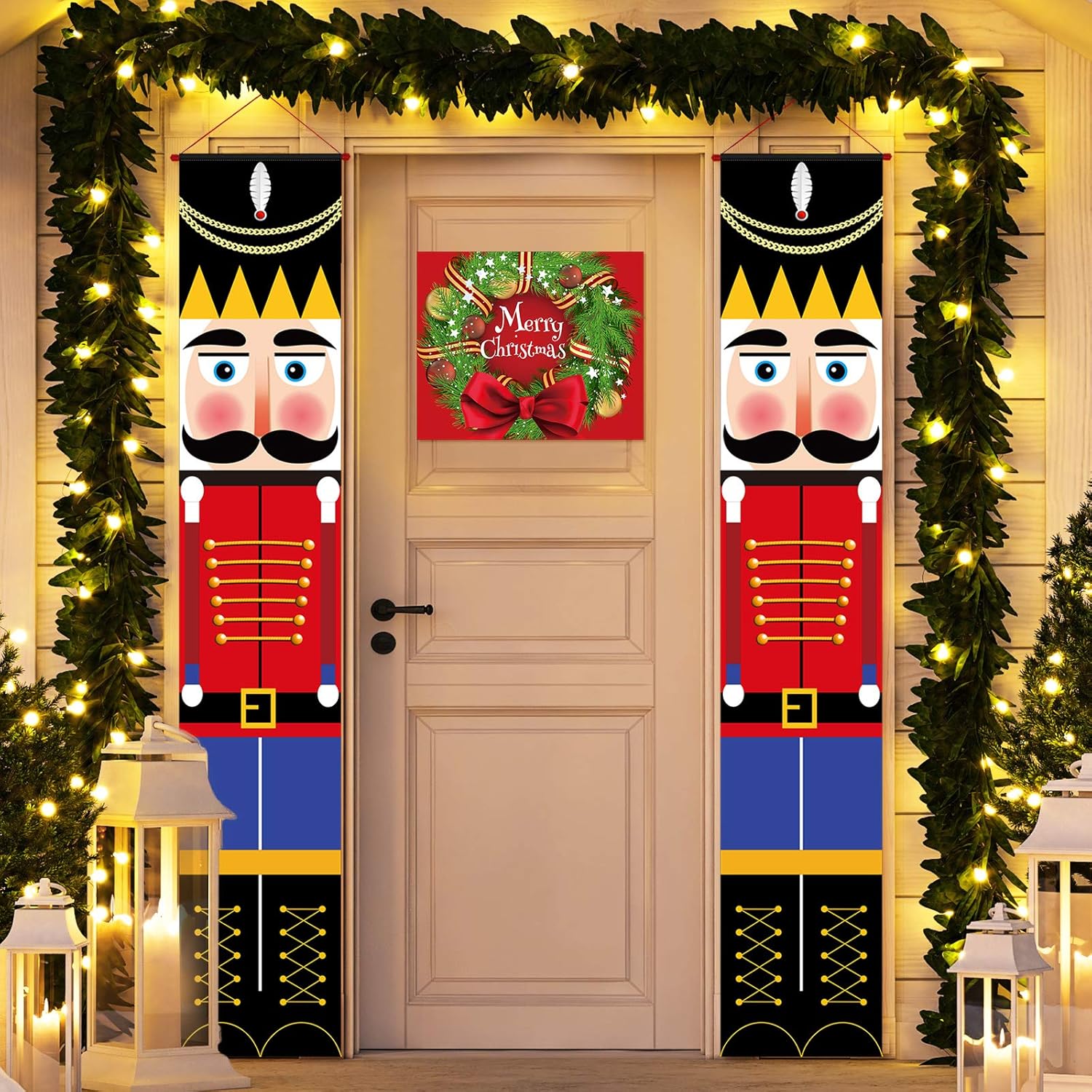 Nutcrackers - 2 Pieces Nutcracker Christmas Decorations Soldier Model Nutcracker Banners Outdoor Xmas Decor Nutcracker Hanging Sign Decor with Small Christmas Wreath Banner for Door Porch Garden Yard (Classic)