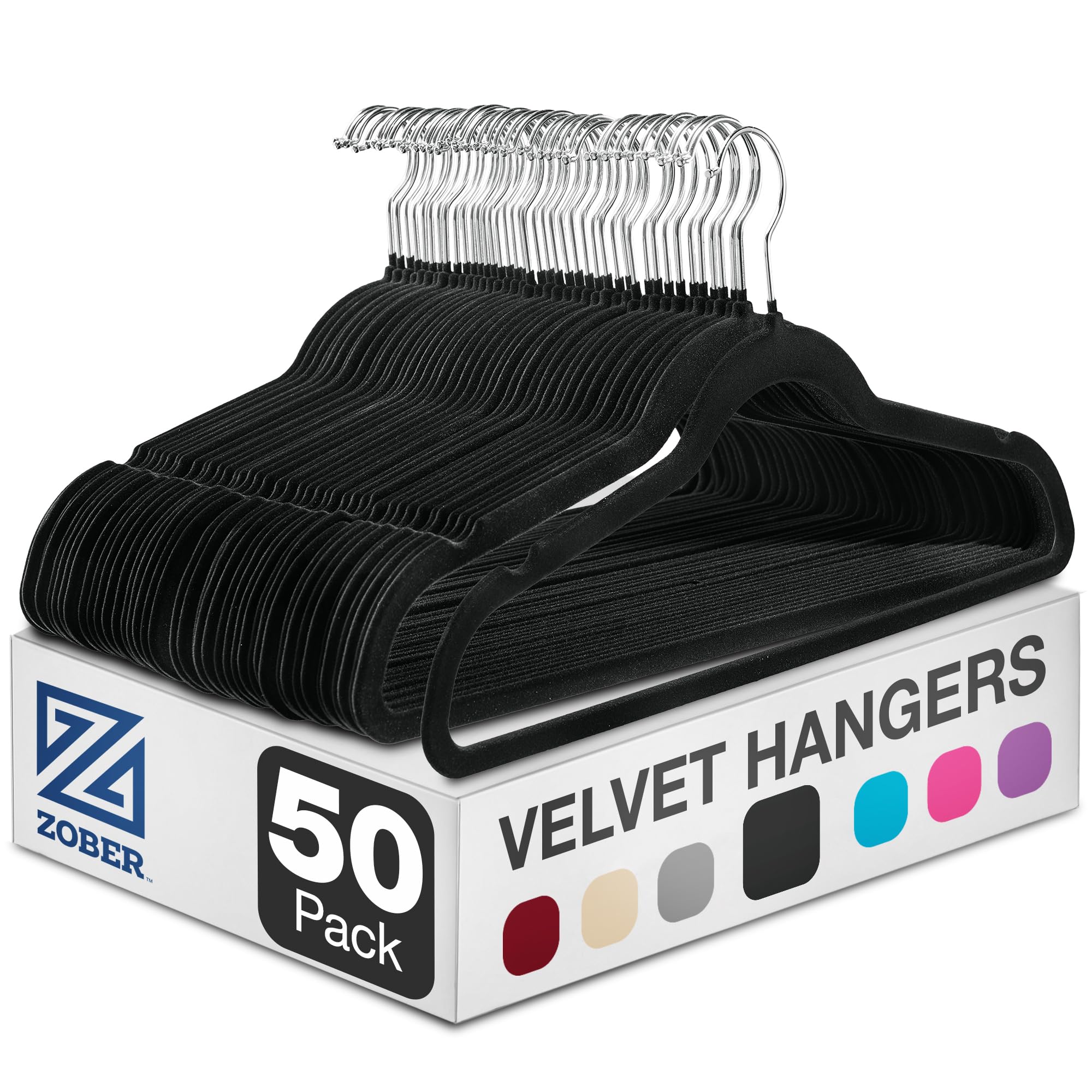Photo 1 of ZOBER Black Velvet Hangers 50 Pack - Clothes Hangers, Coat Hanger for Pants & Dress Clothes - Non Slip w/ 360 Degree Swivel, Holds up to 10 lbs - Strong Felt Hanger for Clothing