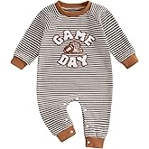 Karuedoo Newborn Baby Boy Girl Football Outfit Rugby Embroidery Stripe Romper Waffle Knit Long Sleeve Jumpsuit Fall Clothes