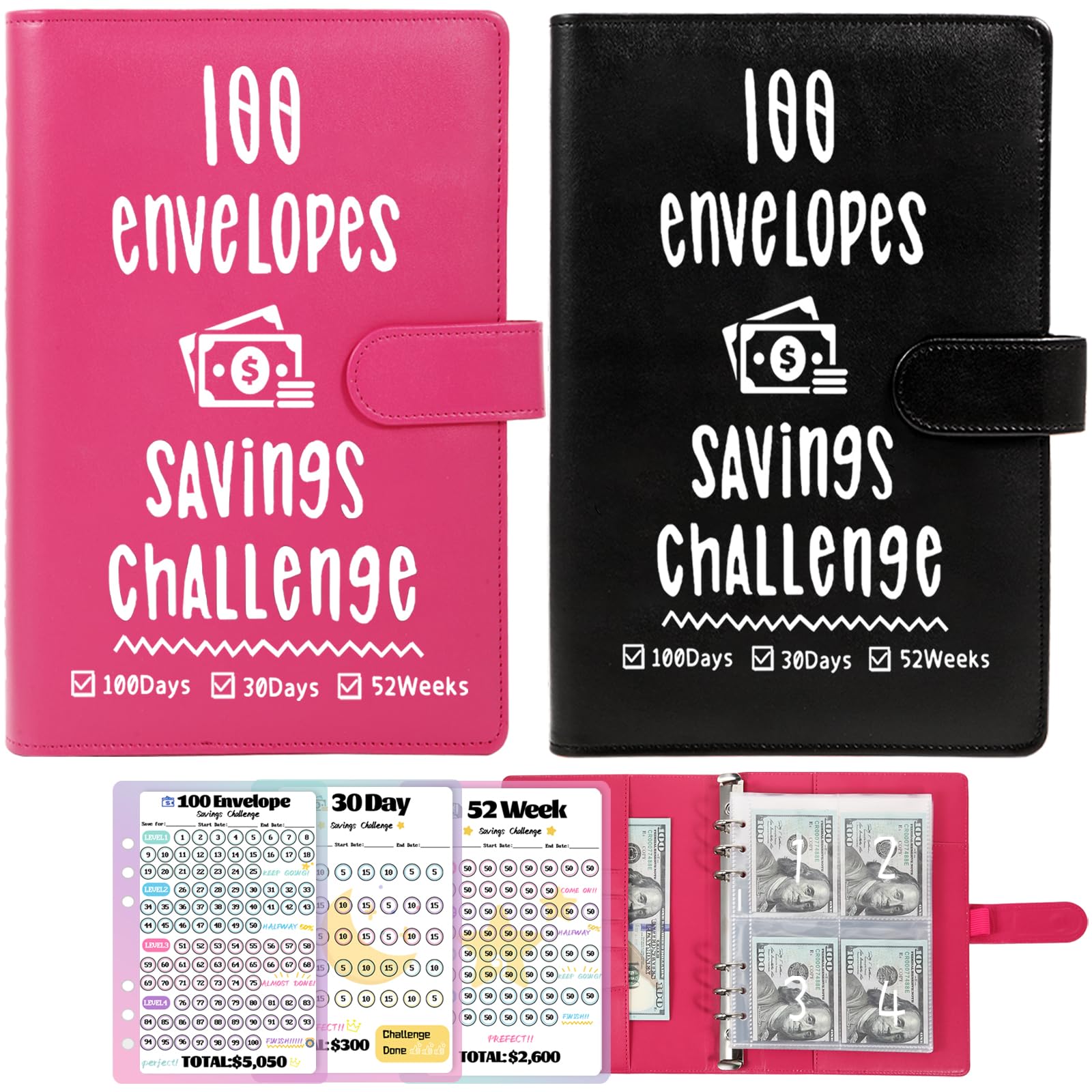 Photo 1 of 2 Pack 100 Envelopes Money Saving Challenge, Cash Budget Planner A5 Binder, Savings Challenges Book Organizer Folder, with 3 Tracker to Save $5,050 and $2,600, $300, 100 Pre-numbered Pockets, Black & Red