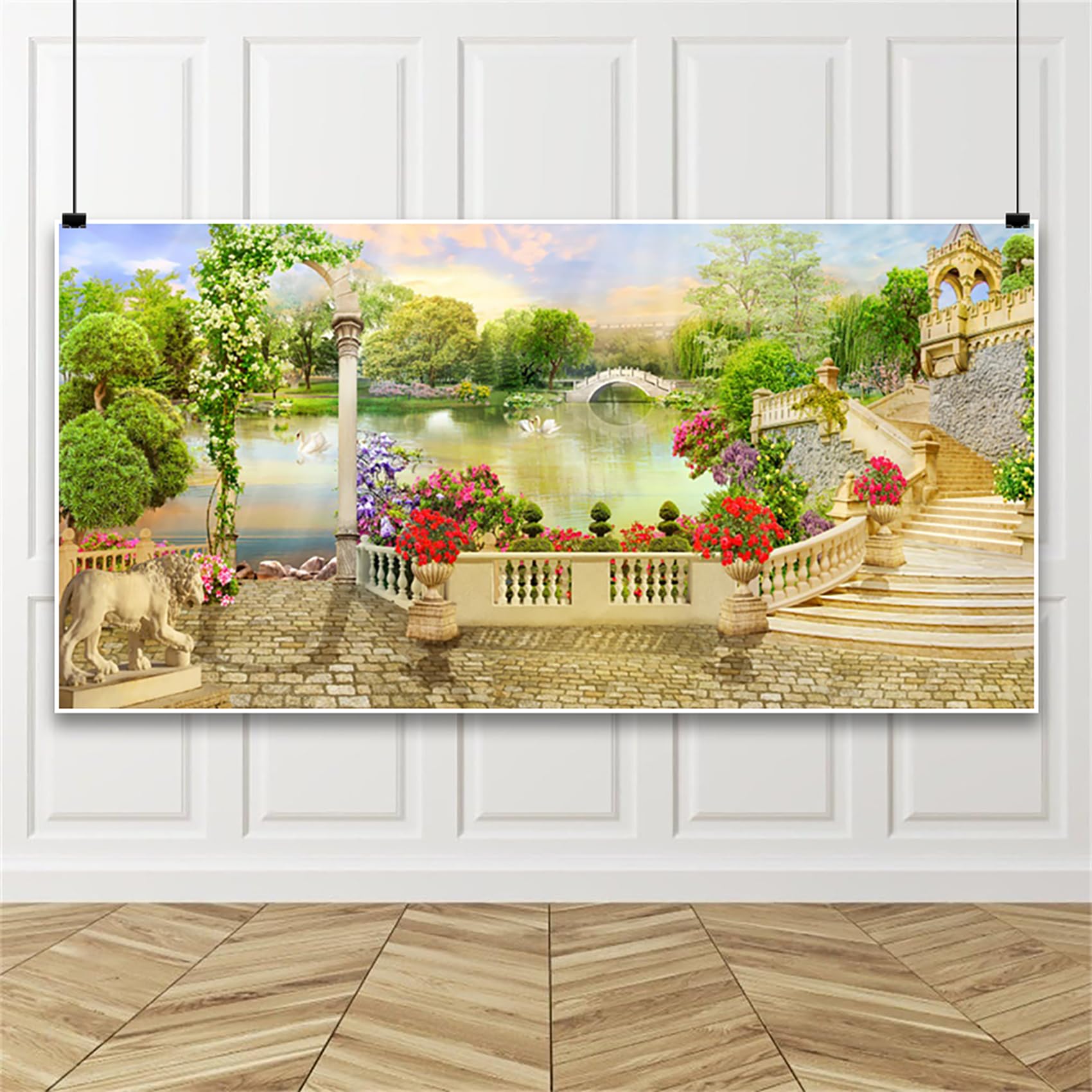 Bovlleetd 10x5ft Garden Backdrop Natural Forest Flowers River Bridge Scenery Photography Backdrop Garden Balcony European Style Pavilion Backdrop Extra Large Vinyl Backdrop Video Shoot Studio Props