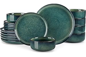 vancasso Starry 18 Pieces Dinnerware Sets for 6, Green Reactive Glaze Dishes Sets, Ceramic Plates and Bowls Set, Dinner Salad