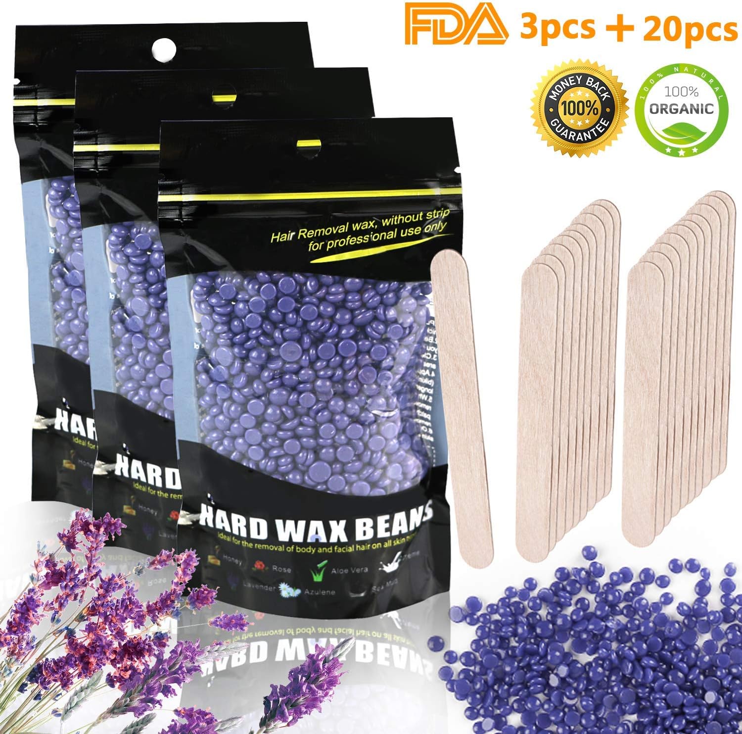 Painless Hard Wax Beans, Emooqi Professional Hair Removal Hard Wax Beans for Removal Bikini Arm Armpit Legs - for Men & Women - Suitable for All Skin Types(Lavender,3X100g,20Pcs Free Waxing Spatula)