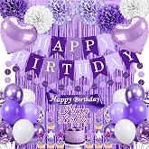 Purple Birthday Decorations, 50PCS Happy Birthday Decorations for Women Include Banner Balloons Sash Foil Fringe Curtain Paper Pompoms, Purple Party Decorations for Girls Women