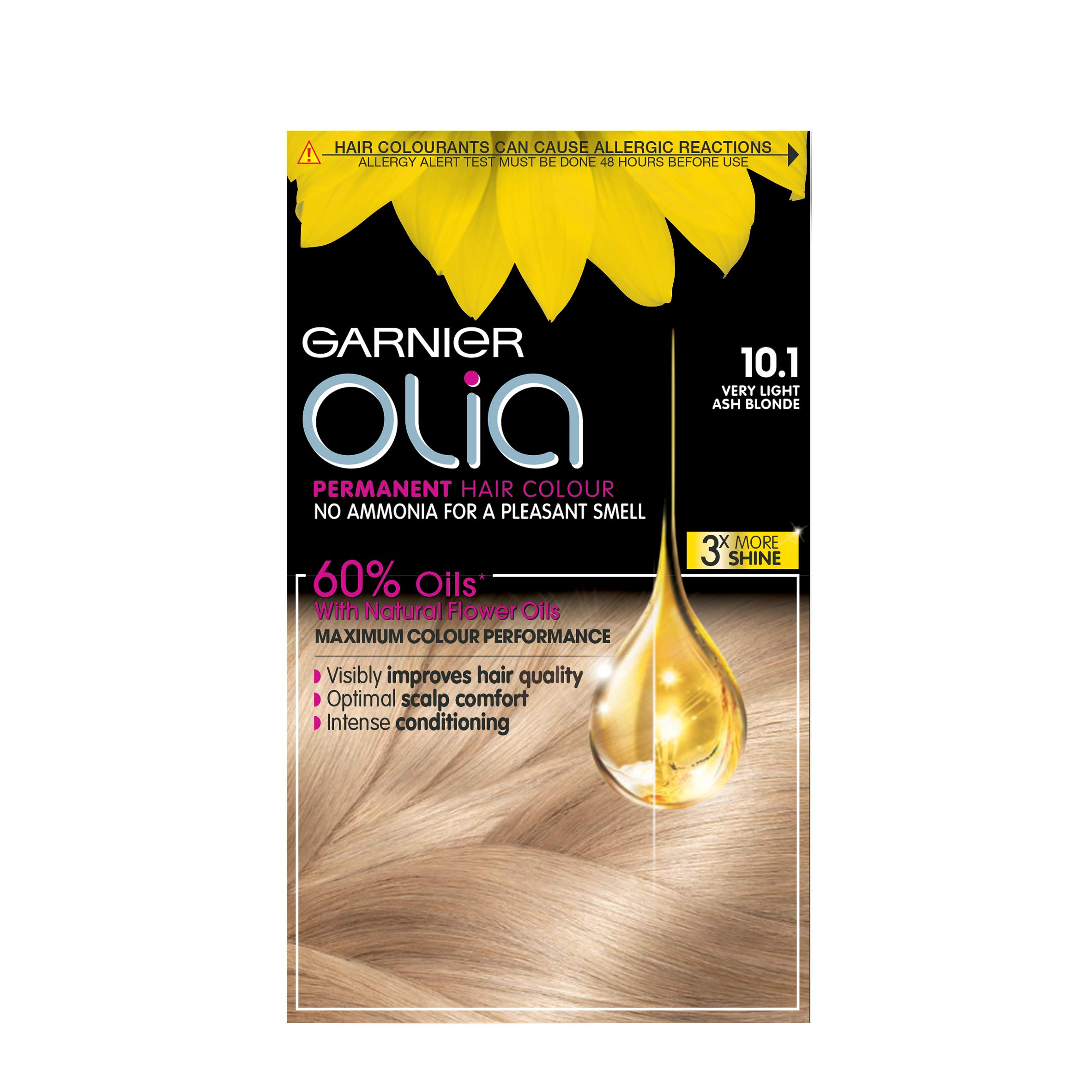 Garnier Olia 10.1 Very Light Ash Blonde, no-ammonia permanent dye. Oil-powered for ultra-luminous, long-lasting results and shine, achieving a beautiful very light ash blonde.