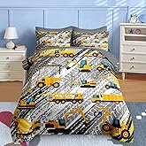 Nesker 5 Pcs Comforter Set Twin Size, Cartoon Yellow Vehicle Bedding for Kids Teen, Trucks Construction Bed Sheet with Pillowcase & Sham