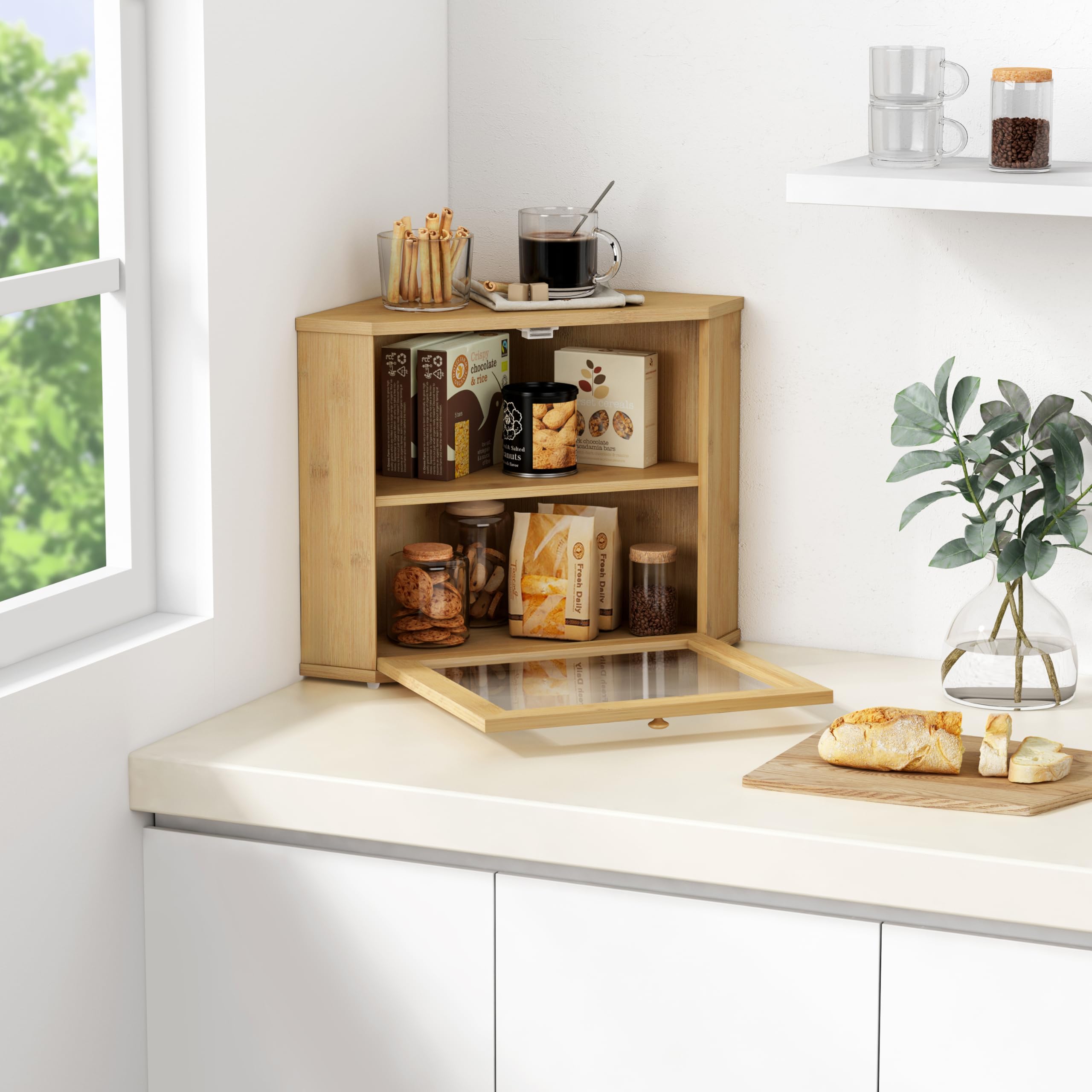 Bamboo Corner Bread Box for Kitchen Counter, 2 Tier Bread Keeper Wooden Round, Farmhouse Bread Storage Bin for Kitchen Countertop, Counter Organizer for Bread, Cup, Fruit, Spice, Snack