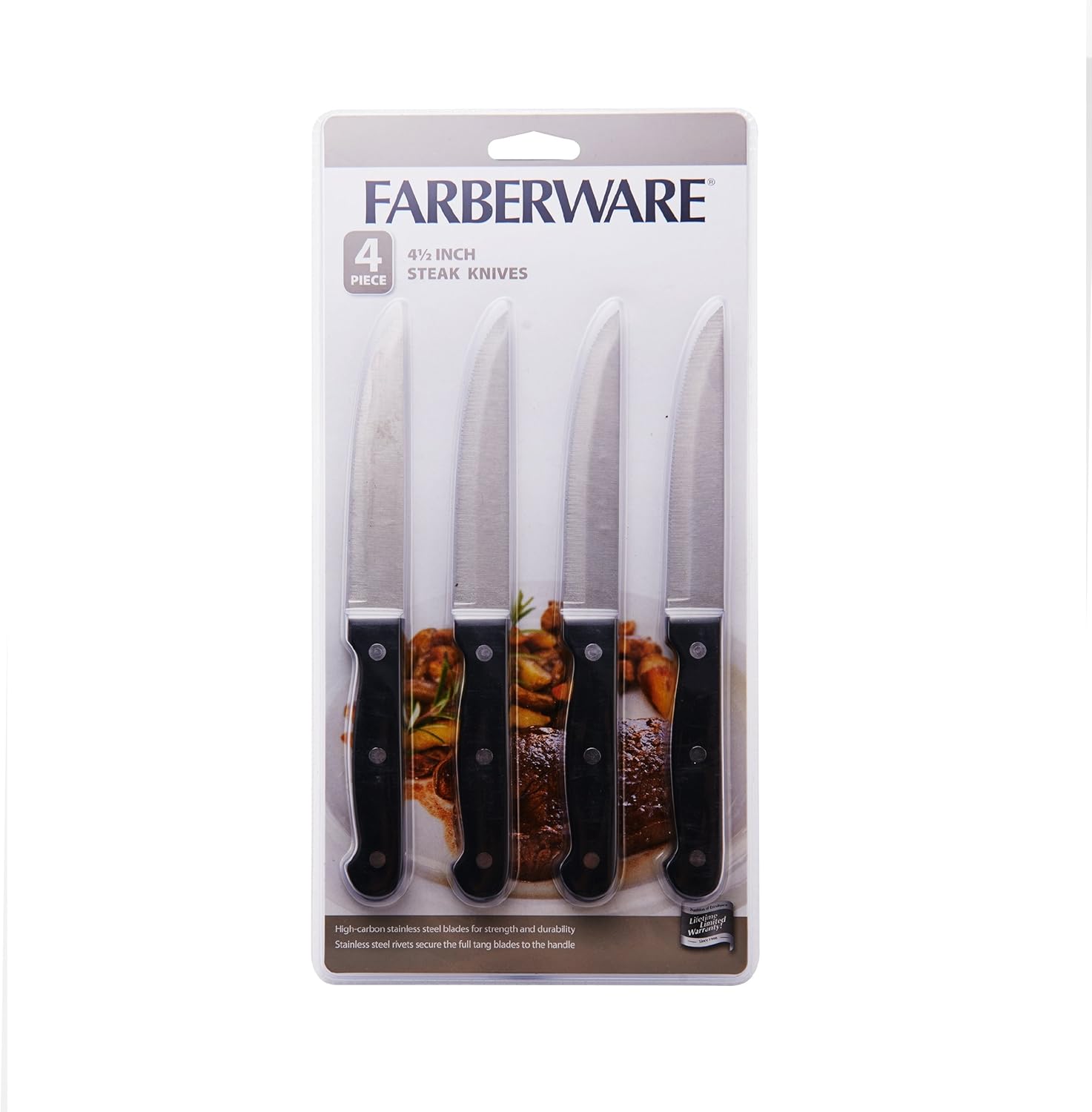 Farberware 4-Piece Full-Tang Triple Rivet 'Never Needs Sharpening' Stainless Steel Steak Knife Set, Black: Kitchen & Dining