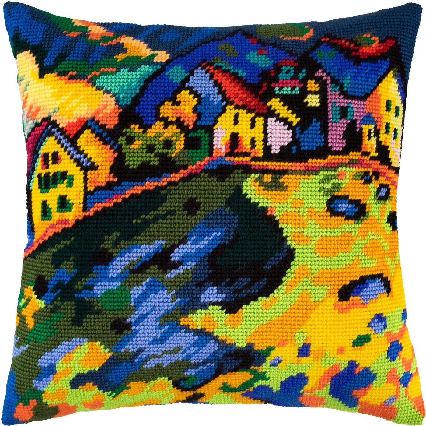 Needlepoint Kit European Quality Throw Pillow 16×16 Inches Houses on a Hill by Wassily Kandinsky