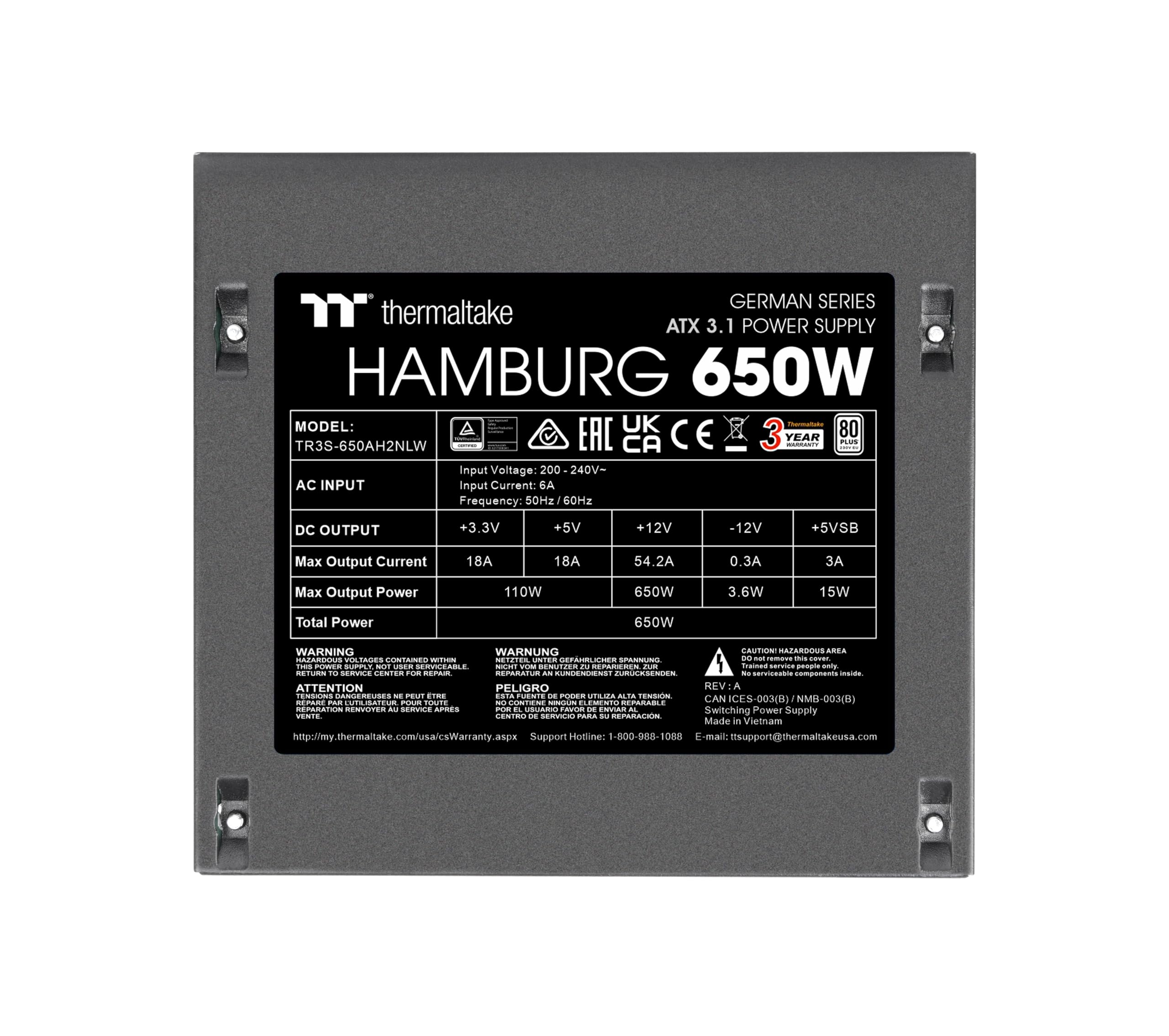 Thermaltake Hamburg 650W Netzteil | German Series | ATX 3.1 | 80 Plus White | Non-Modular | 2× PCIe 6+2 Pin | Leiser 120mm Lüfter | DC-to-DC 2