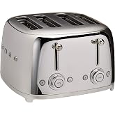 SMEG 4 Slice Toaster TSF03, Retro Stainless-Steel Toaster with Wide Slots for Bagels, 6 Browning Levels, Defrost Reheat Bagel Functions, Dual Controls, Crumb Trays, 1800W - TSF03SSUS - Stainless Steel
