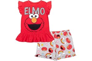 Sesame Street Elmo Girls Ruffle Short Sleeve T-Shirt and French Terry Shorts Set